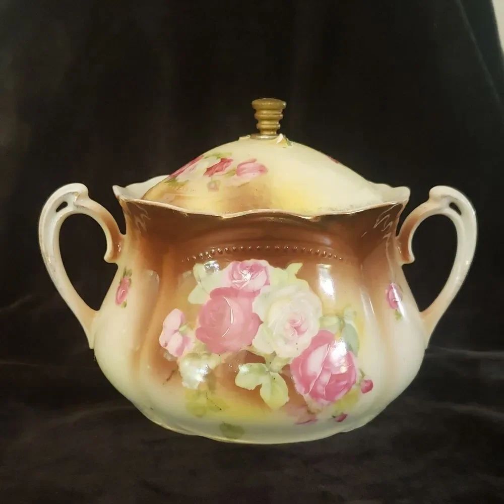 Vintage Three Crown China Decorative Floral Lidded Pot with Side Handles